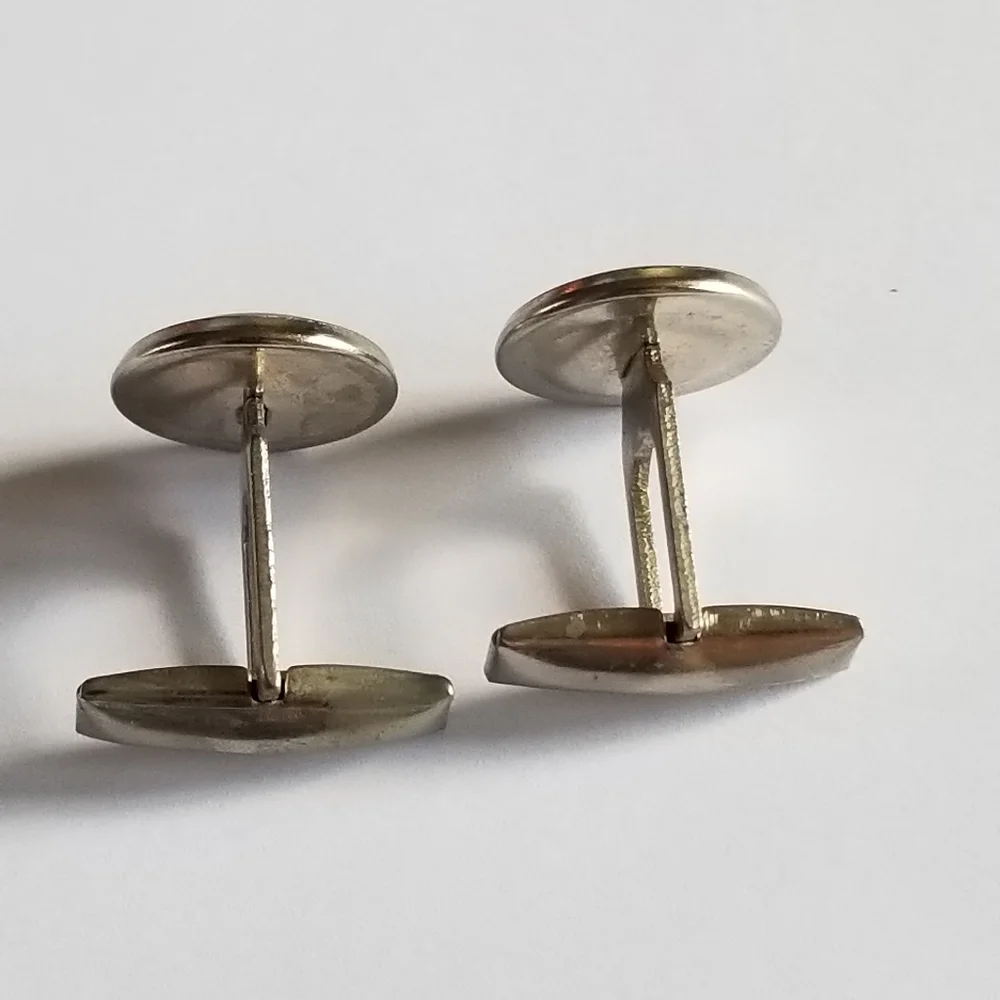 Vintage cuff links black cabochon silver tone metal round domed cufflinks